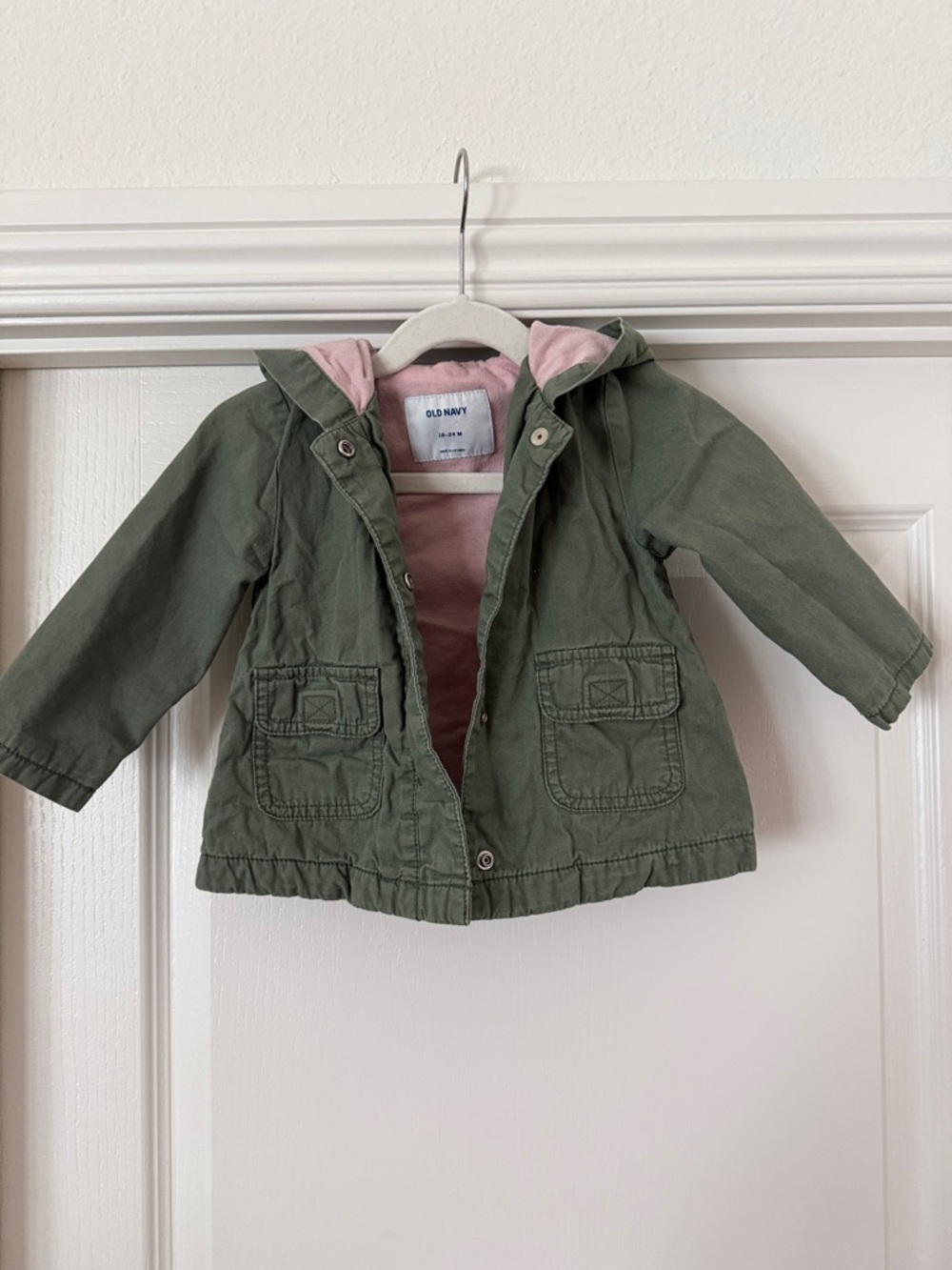 Old Navy Olive Green Hooded Raincoat with Pink Lining